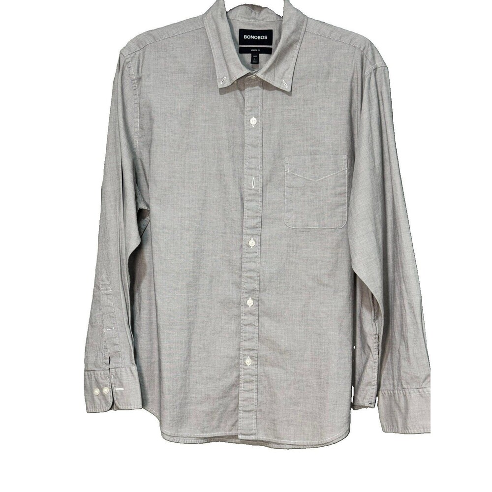 Bonobos Athletic Fit Gray Solid Button-Down Button-Up Shirt Men L Cotton Blend